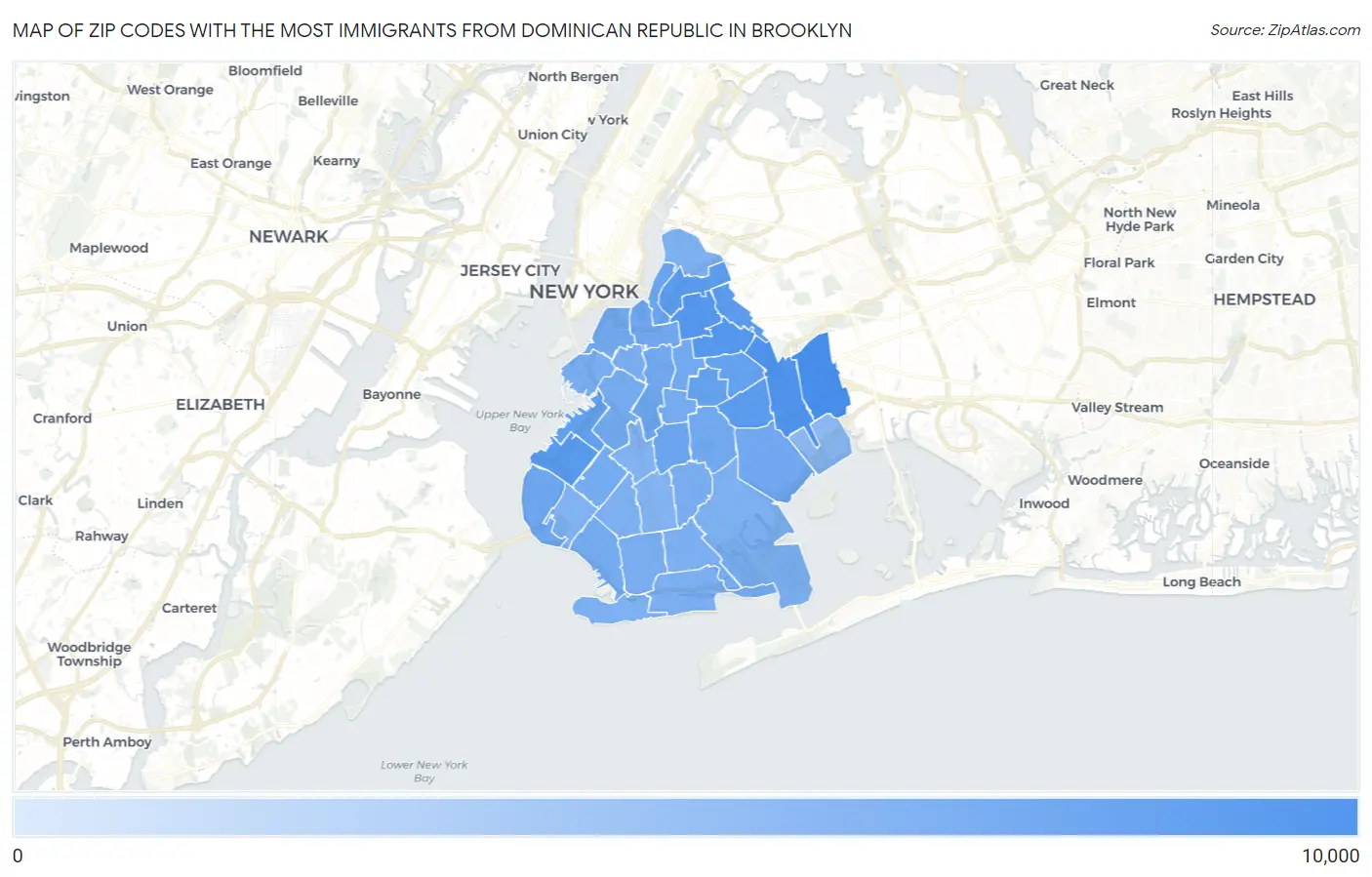 Zip Codes with the Most Immigrants from Dominican Republic in Brooklyn Map