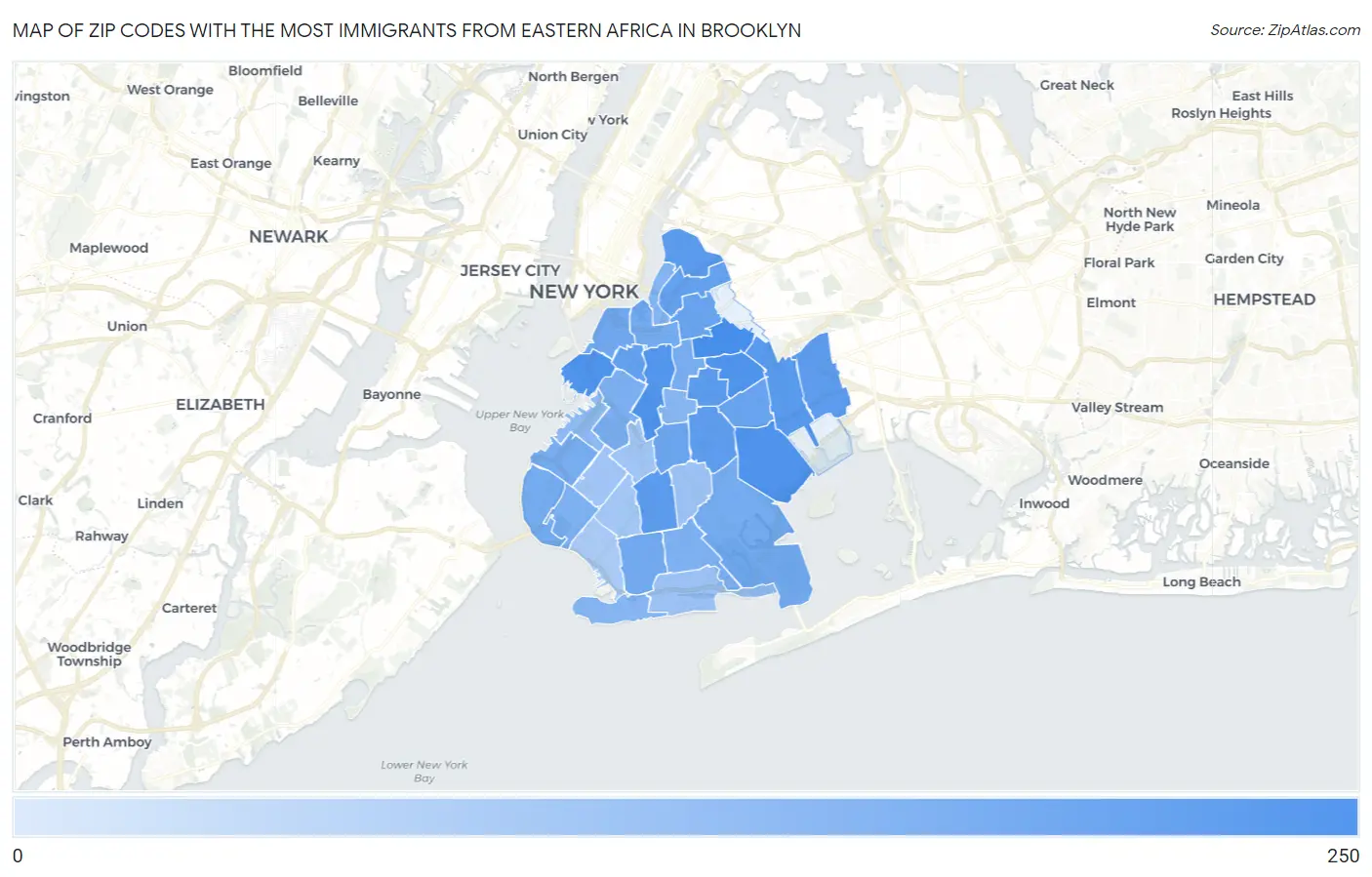 Zip Codes with the Most Immigrants from Eastern Africa in Brooklyn Map