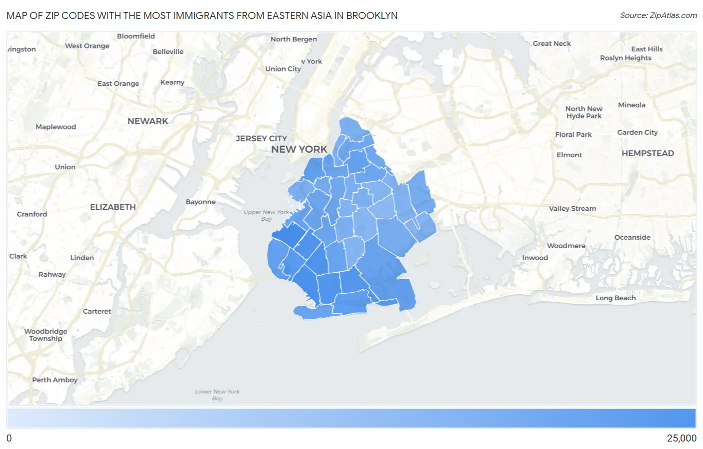 Zip Codes with the Most Immigrants from Eastern Asia in Brooklyn Map