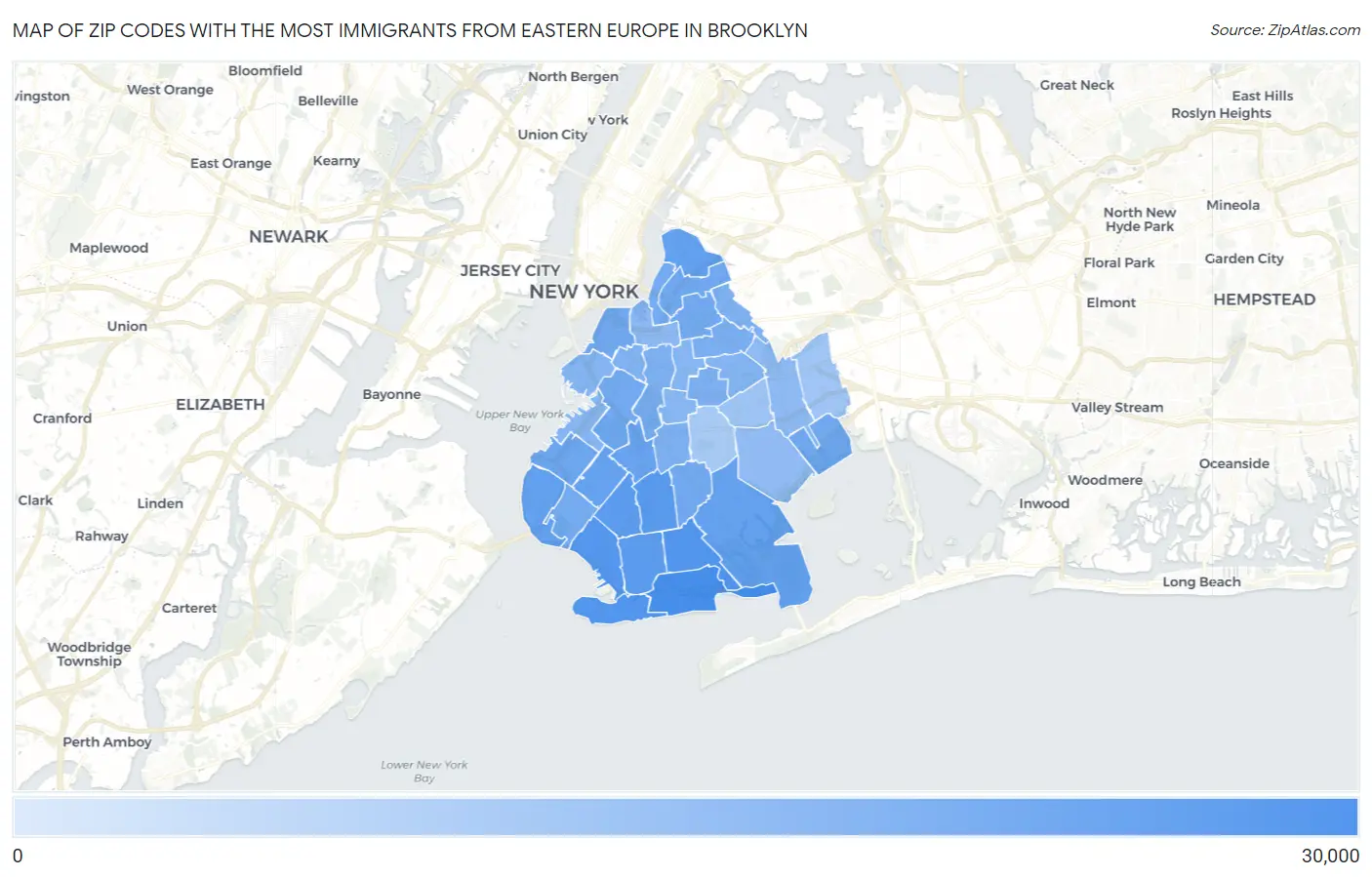 Zip Codes with the Most Immigrants from Eastern Europe in Brooklyn Map