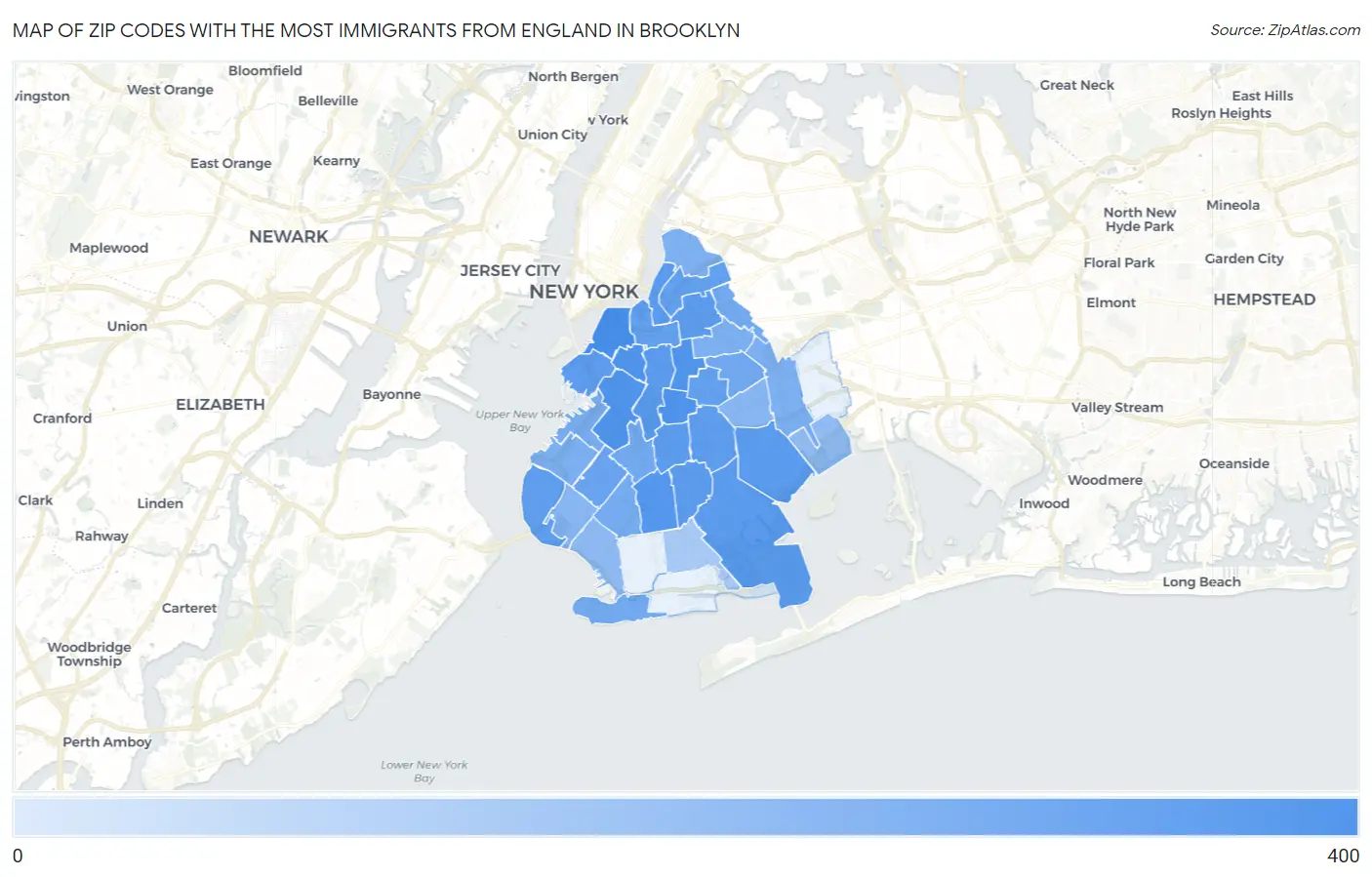 Zip Codes with the Most Immigrants from England in Brooklyn Map
