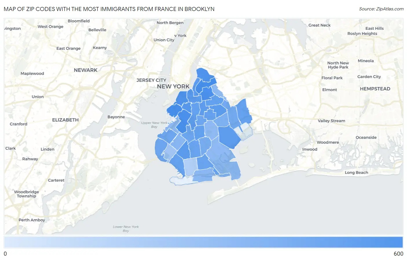 Zip Codes with the Most Immigrants from France in Brooklyn Map