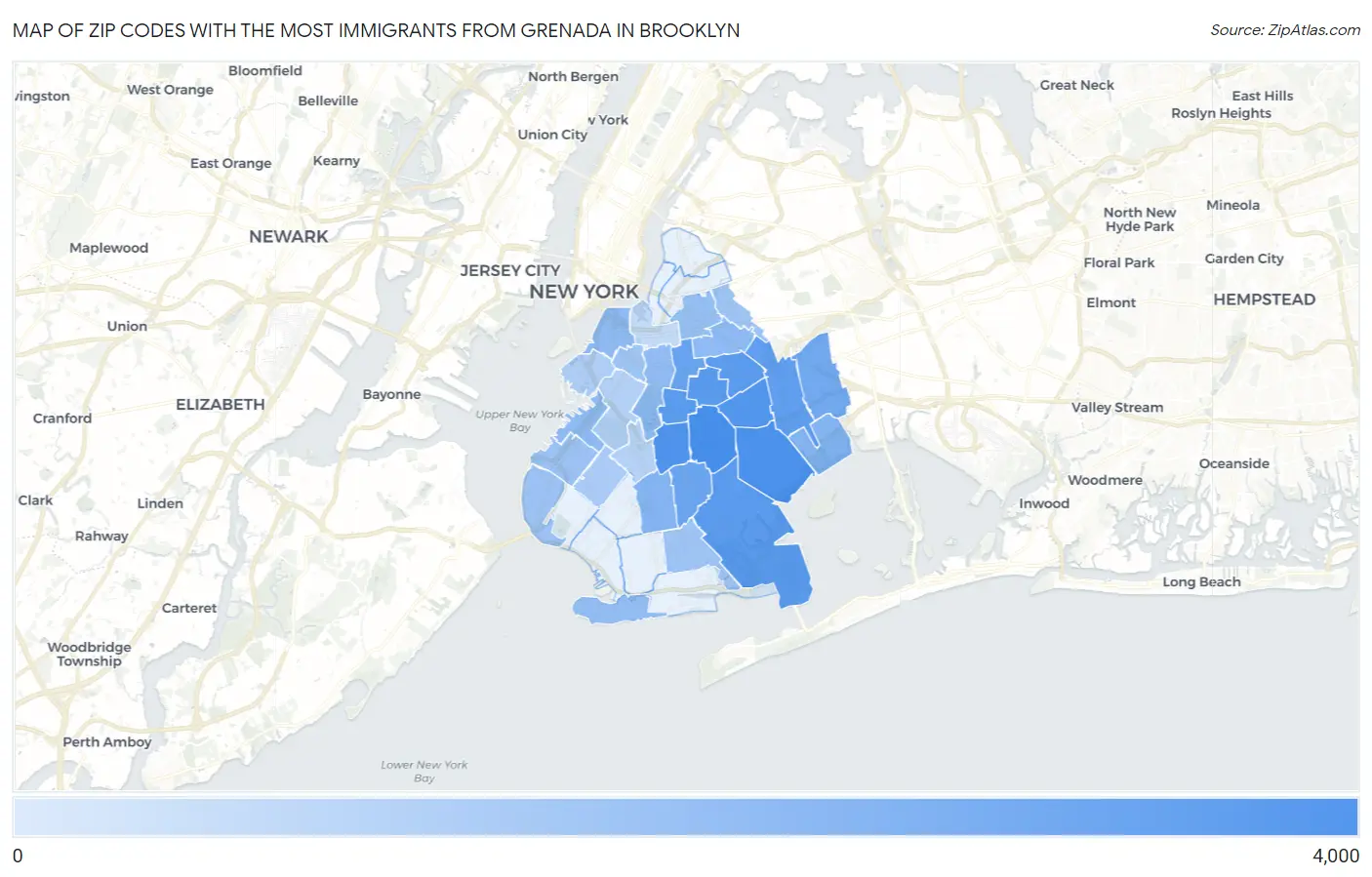Zip Codes with the Most Immigrants from Grenada in Brooklyn Map