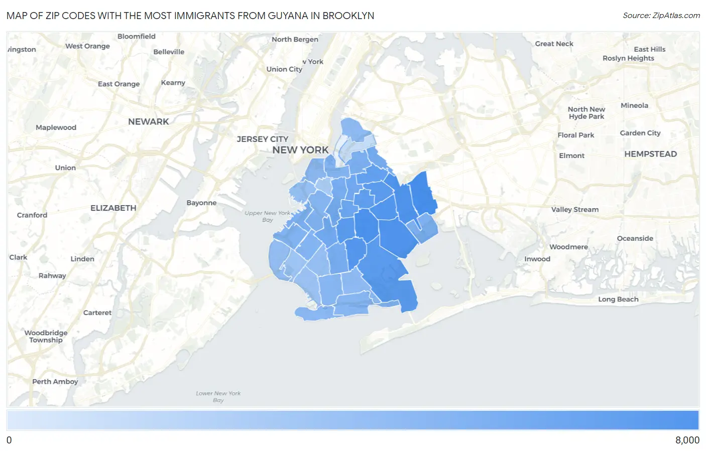 Zip Codes with the Most Immigrants from Guyana in Brooklyn Map