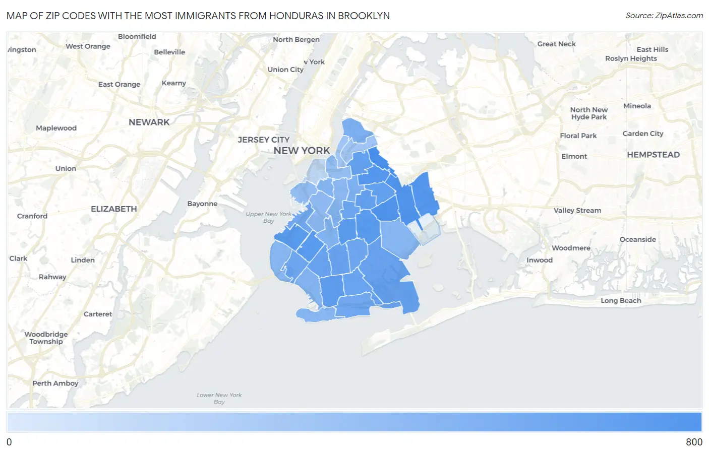 Zip Codes with the Most Immigrants from Honduras in Brooklyn Map
