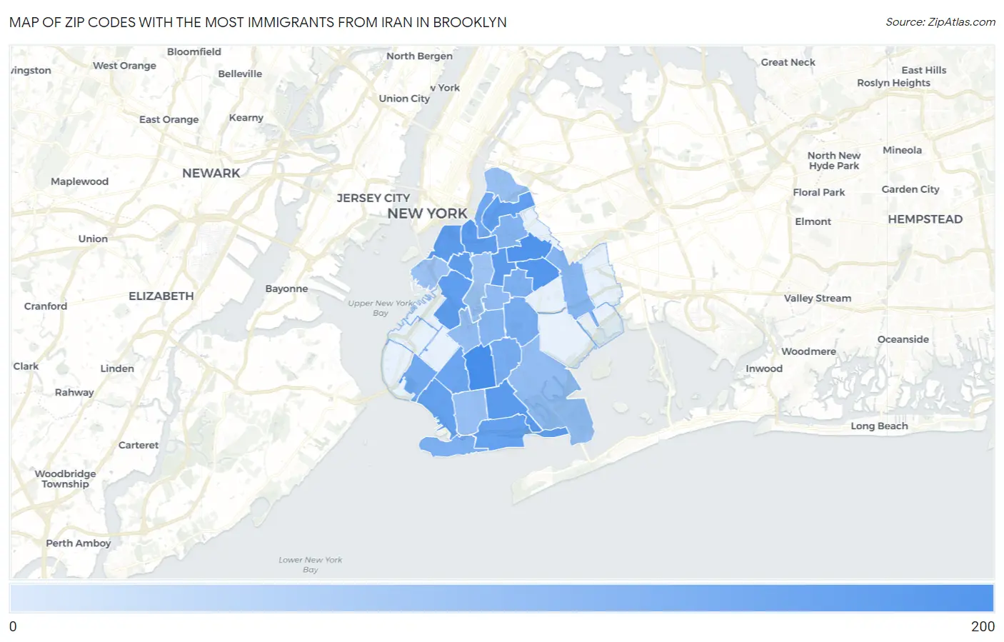 Zip Codes with the Most Immigrants from Iran in Brooklyn Map