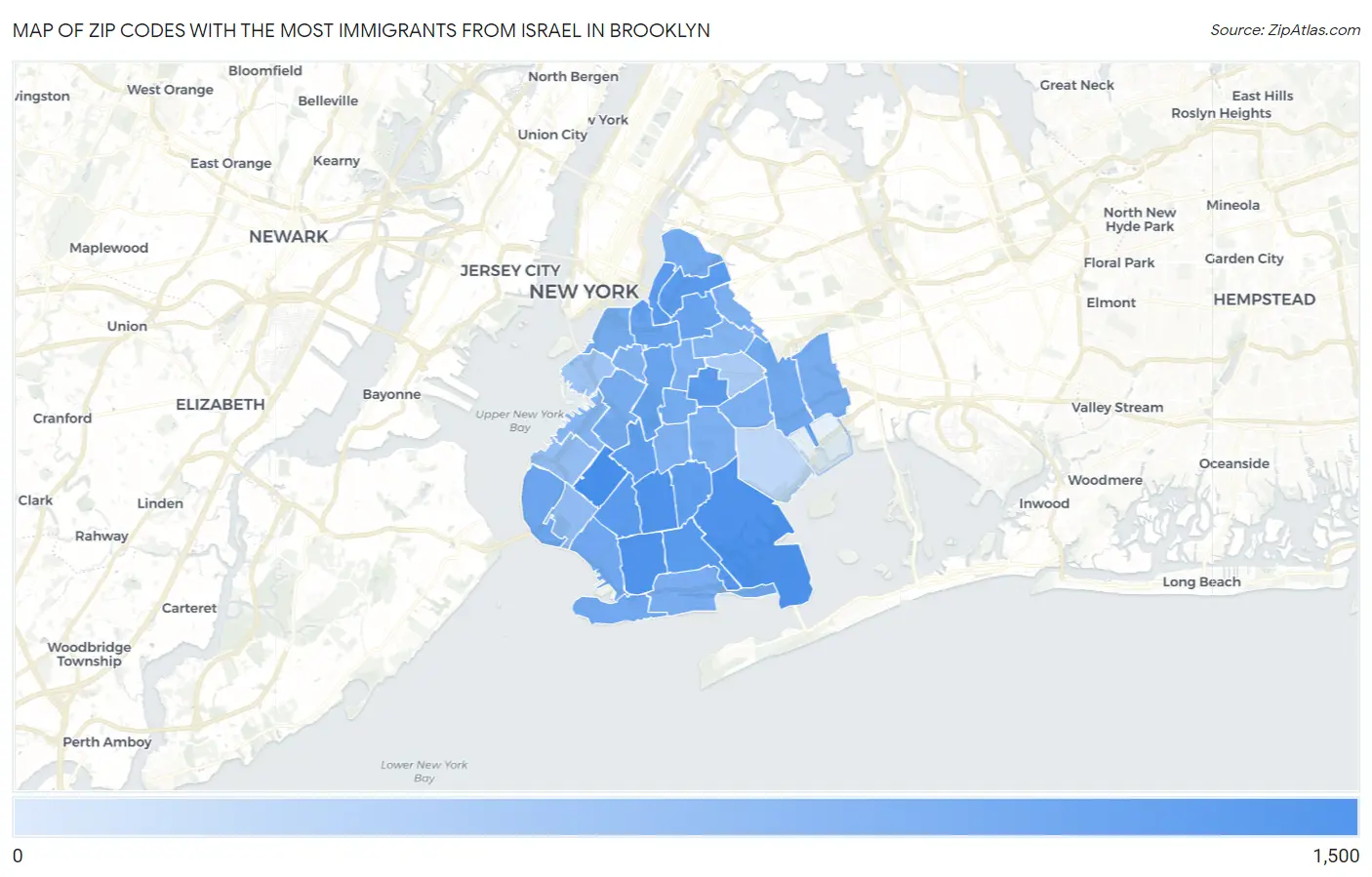 Zip Codes with the Most Immigrants from Israel in Brooklyn Map