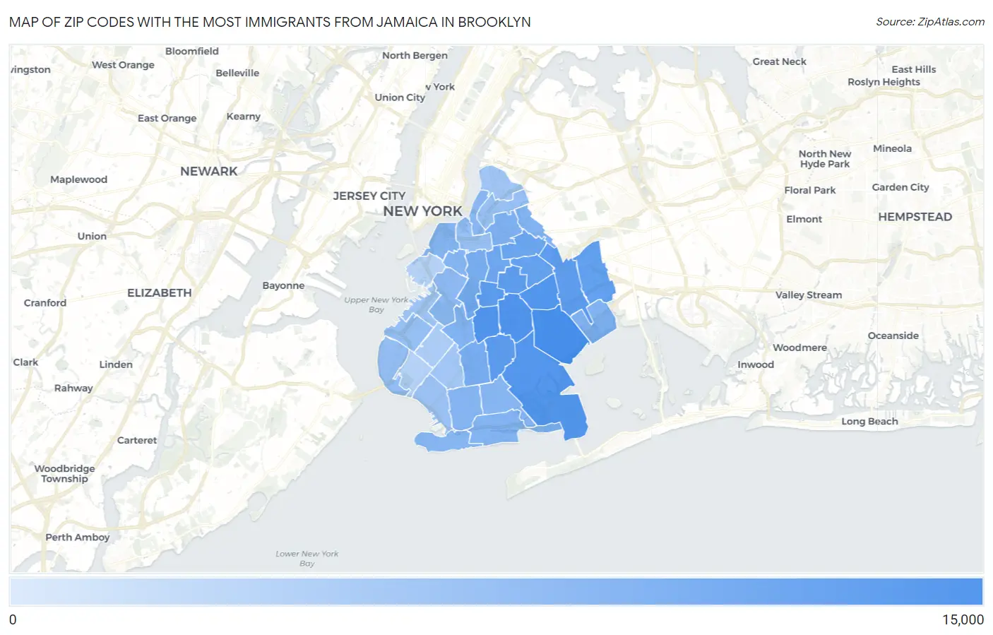 Zip Codes with the Most Immigrants from Jamaica in Brooklyn Map