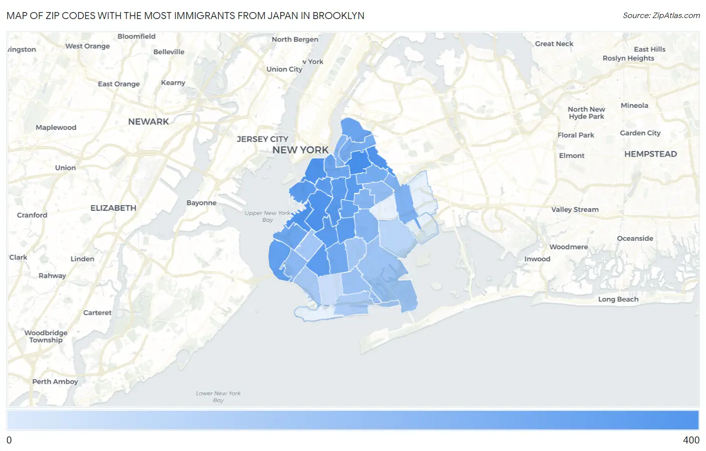 Zip Codes with the Most Immigrants from Japan in Brooklyn Map
