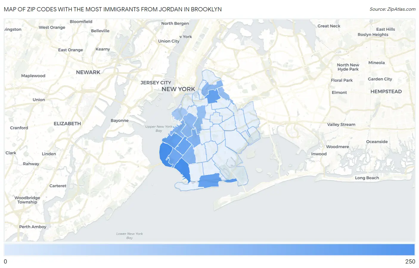Zip Codes with the Most Immigrants from Jordan in Brooklyn Map