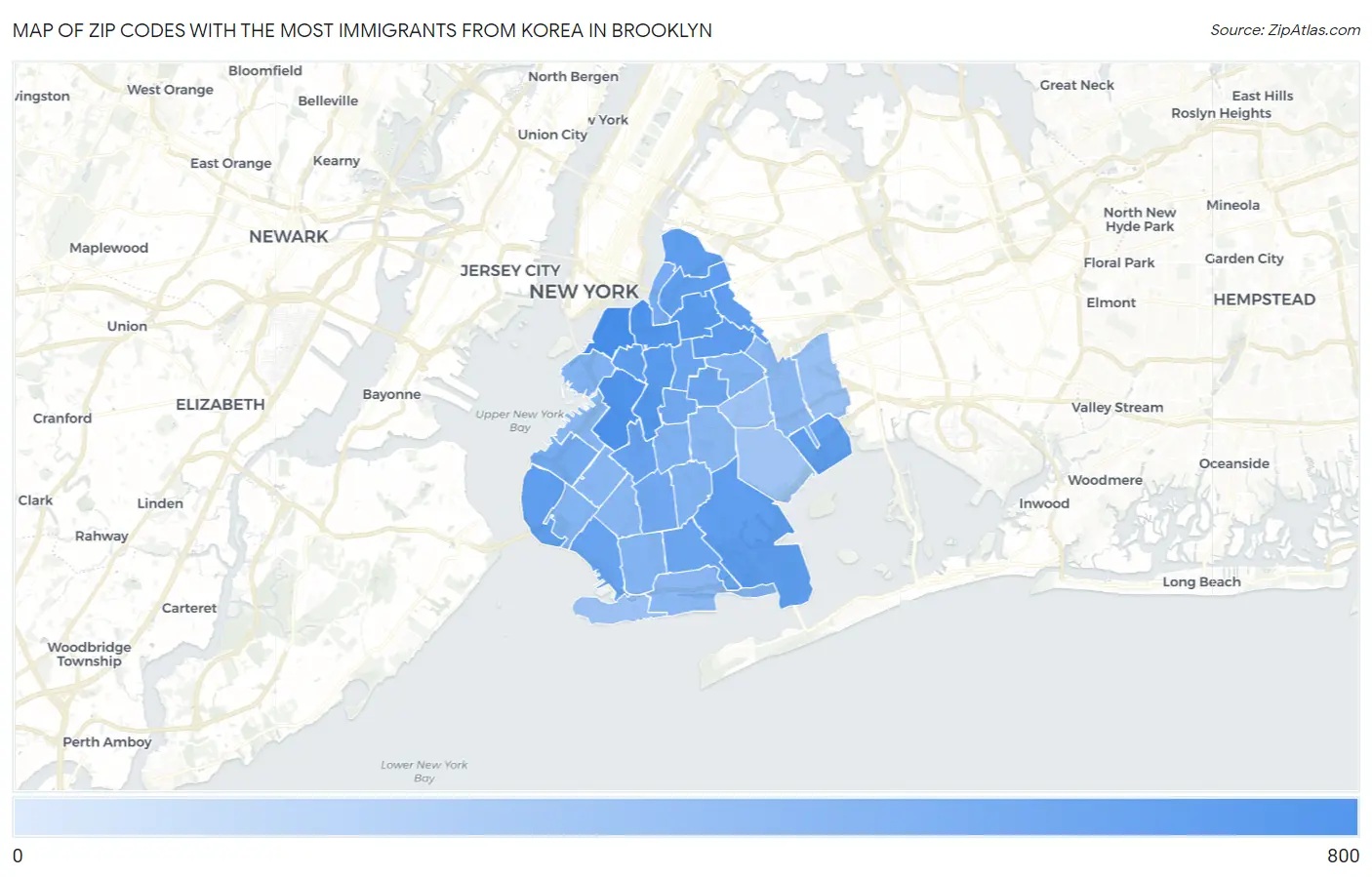Zip Codes with the Most Immigrants from Korea in Brooklyn Map