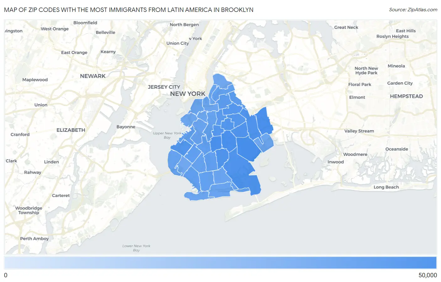 Zip Codes with the Most Immigrants from Latin America in Brooklyn Map