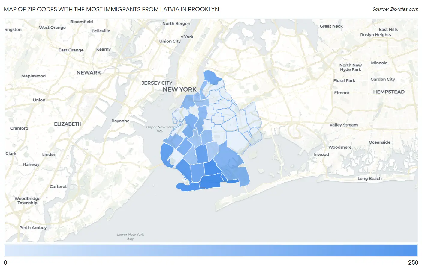 Zip Codes with the Most Immigrants from Latvia in Brooklyn Map