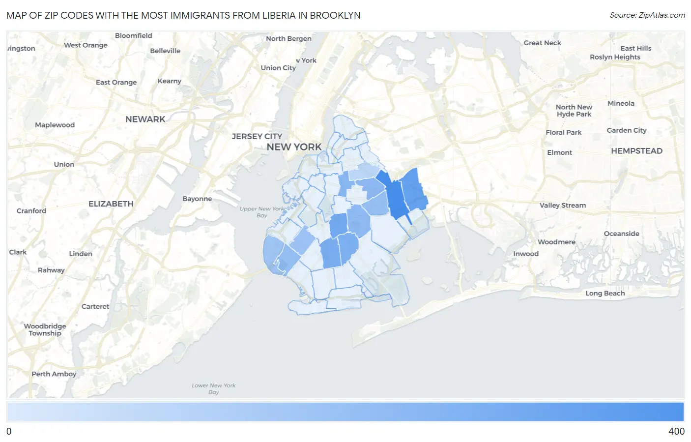 Zip Codes with the Most Immigrants from Liberia in Brooklyn Map