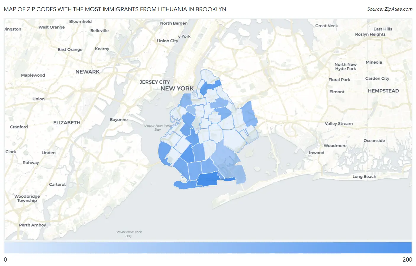 Zip Codes with the Most Immigrants from Lithuania in Brooklyn Map