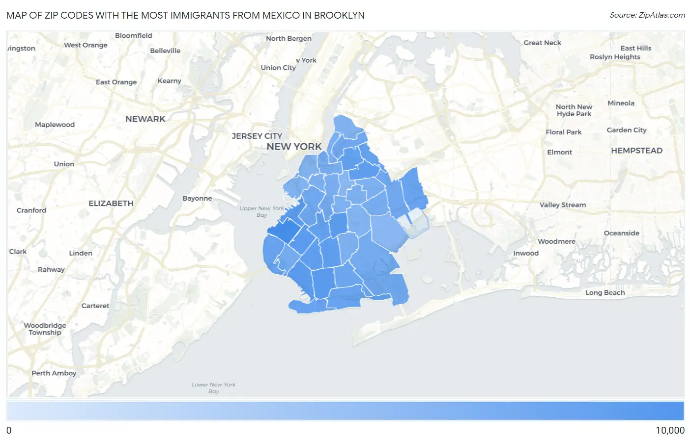 Zip Codes with the Most Immigrants from Mexico in Brooklyn Map