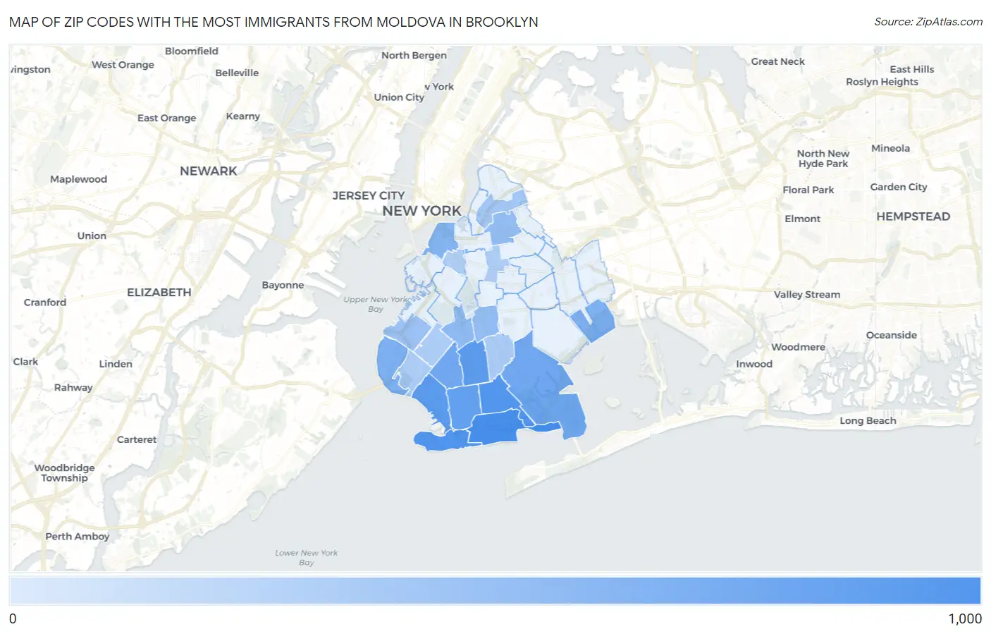 Zip Codes with the Most Immigrants from Moldova in Brooklyn Map