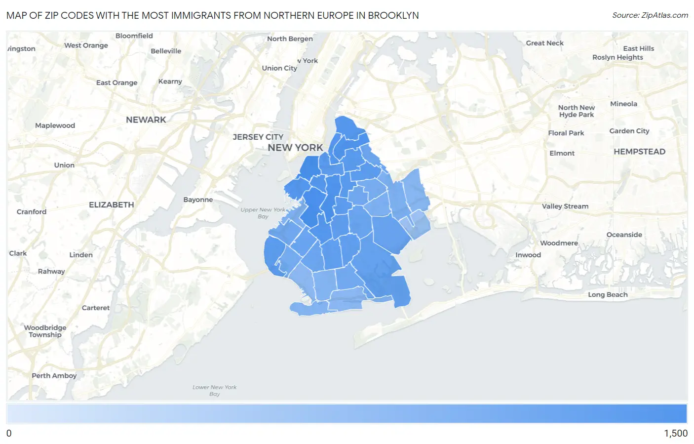 Zip Codes with the Most Immigrants from Northern Europe in Brooklyn Map