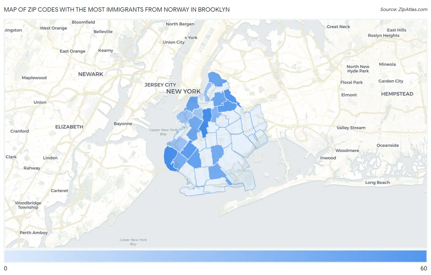 Zip Codes with the Most Immigrants from Norway in Brooklyn Map