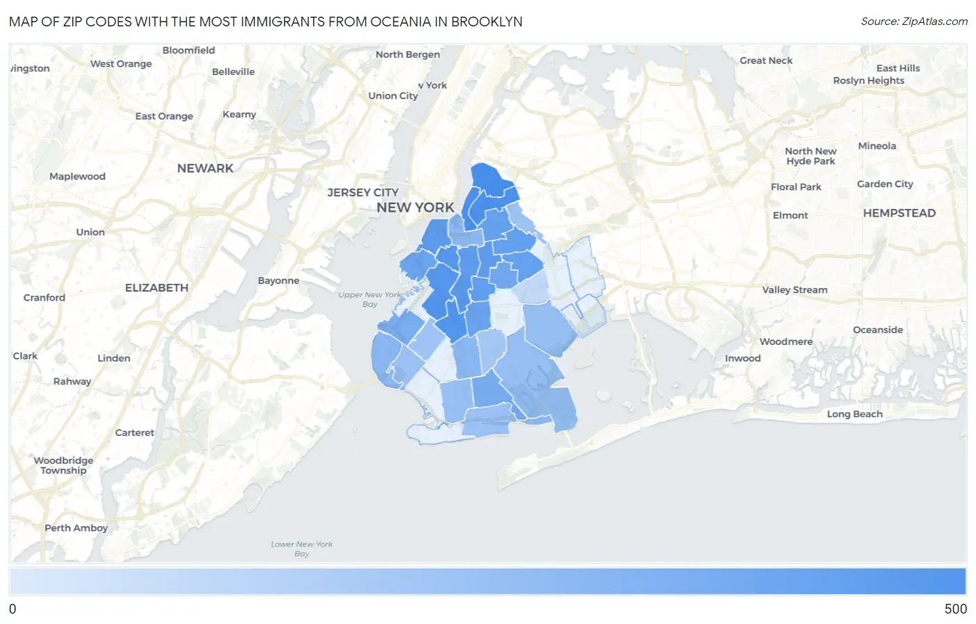 Zip Codes with the Most Immigrants from Oceania in Brooklyn Map