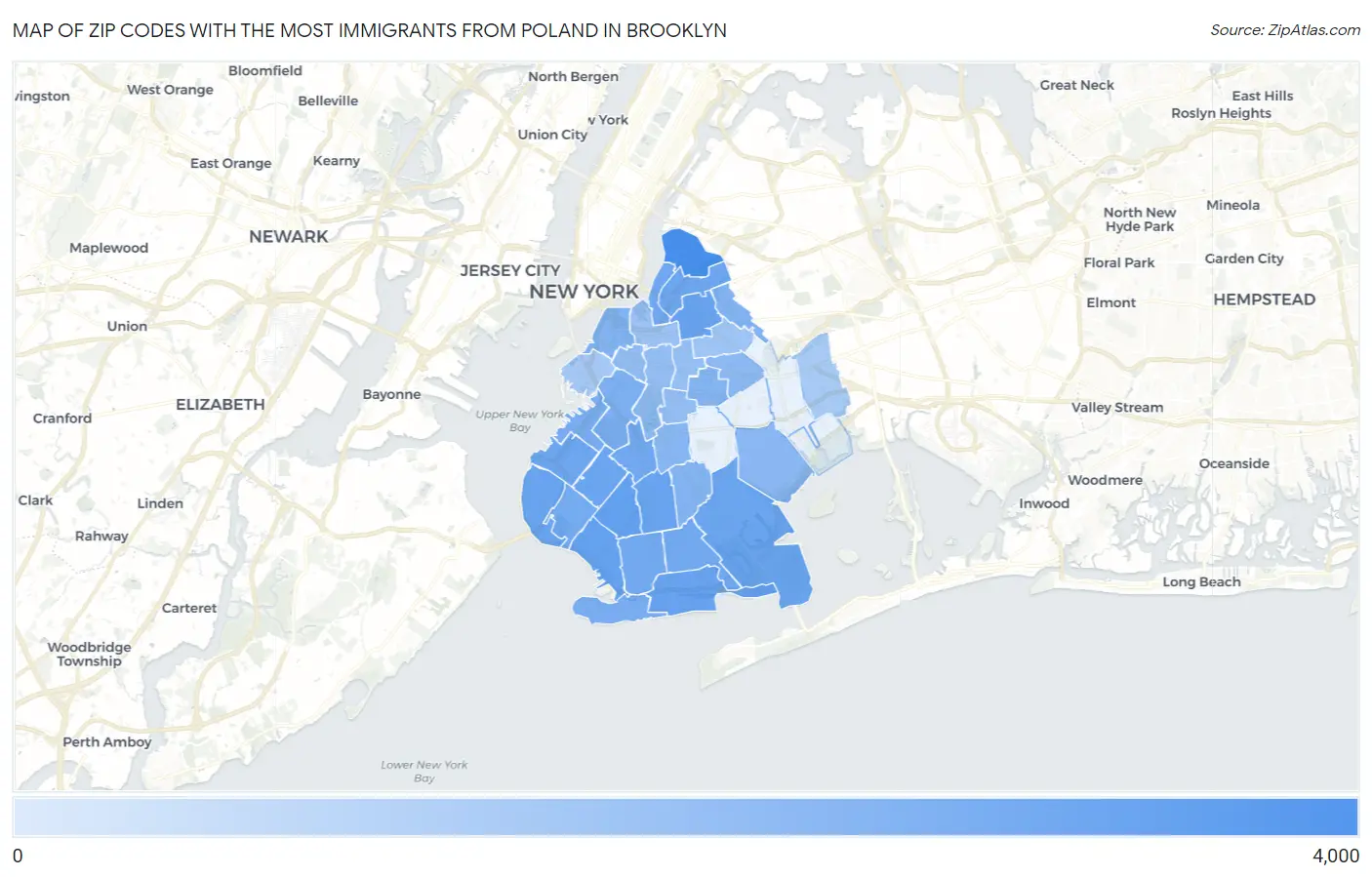 Zip Codes with the Most Immigrants from Poland in Brooklyn Map