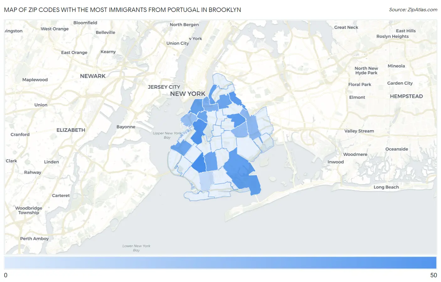 Zip Codes with the Most Immigrants from Portugal in Brooklyn Map