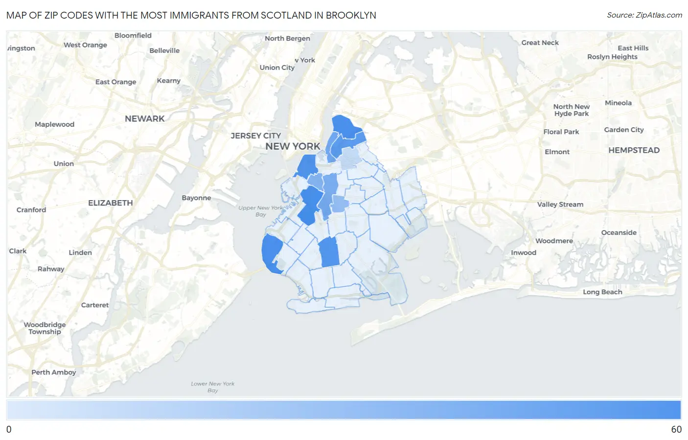 Zip Codes with the Most Immigrants from Scotland in Brooklyn Map