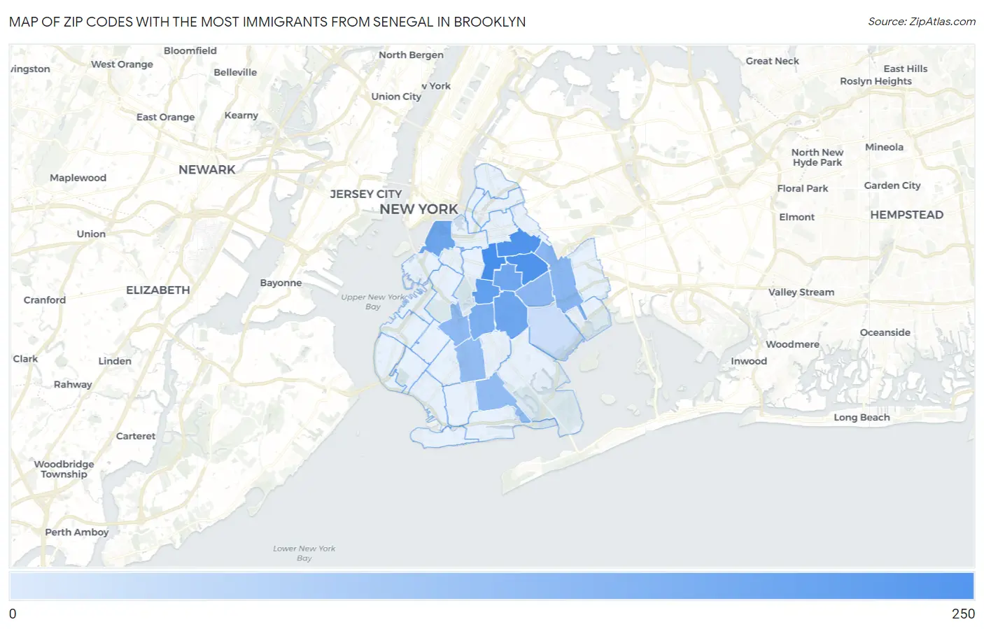 Zip Codes with the Most Immigrants from Senegal in Brooklyn Map