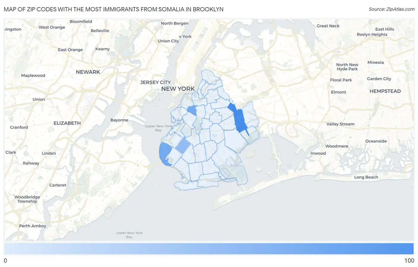 Zip Codes with the Most Immigrants from Somalia in Brooklyn Map
