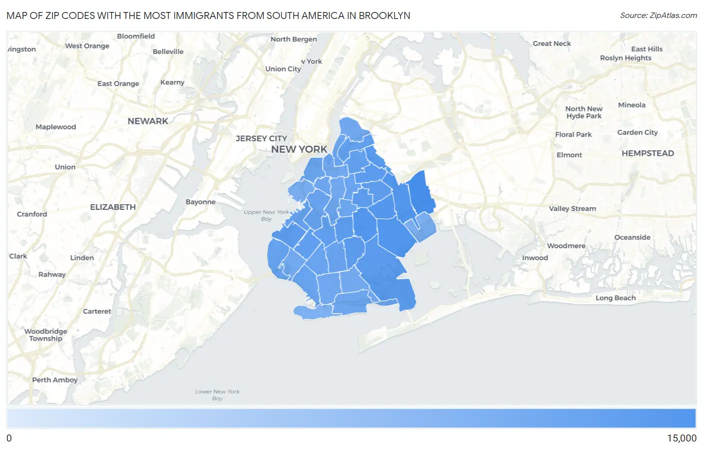 Zip Codes with the Most Immigrants from South America in Brooklyn Map