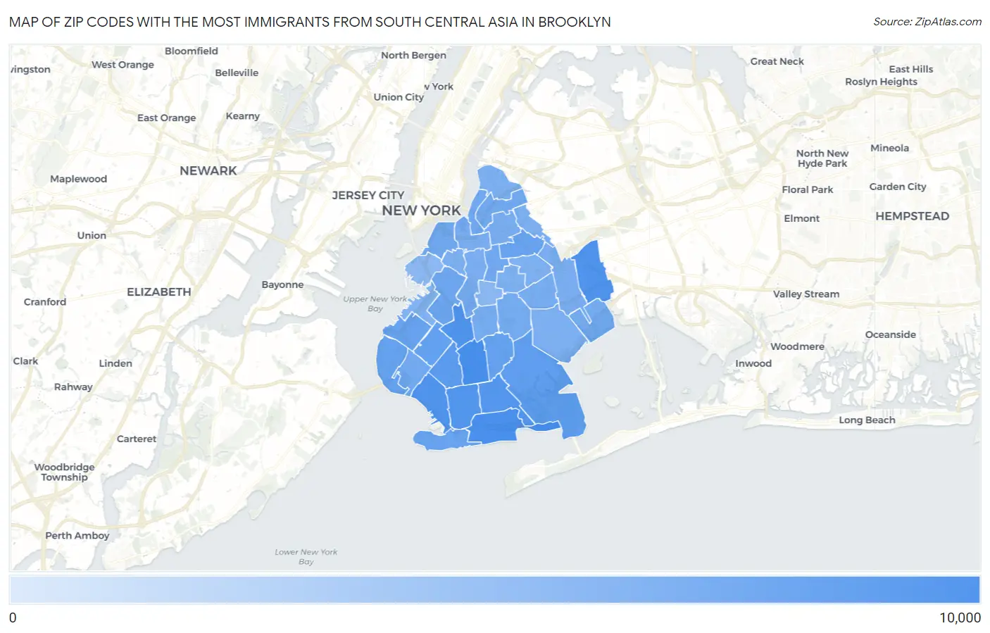 Zip Codes with the Most Immigrants from South Central Asia in Brooklyn Map