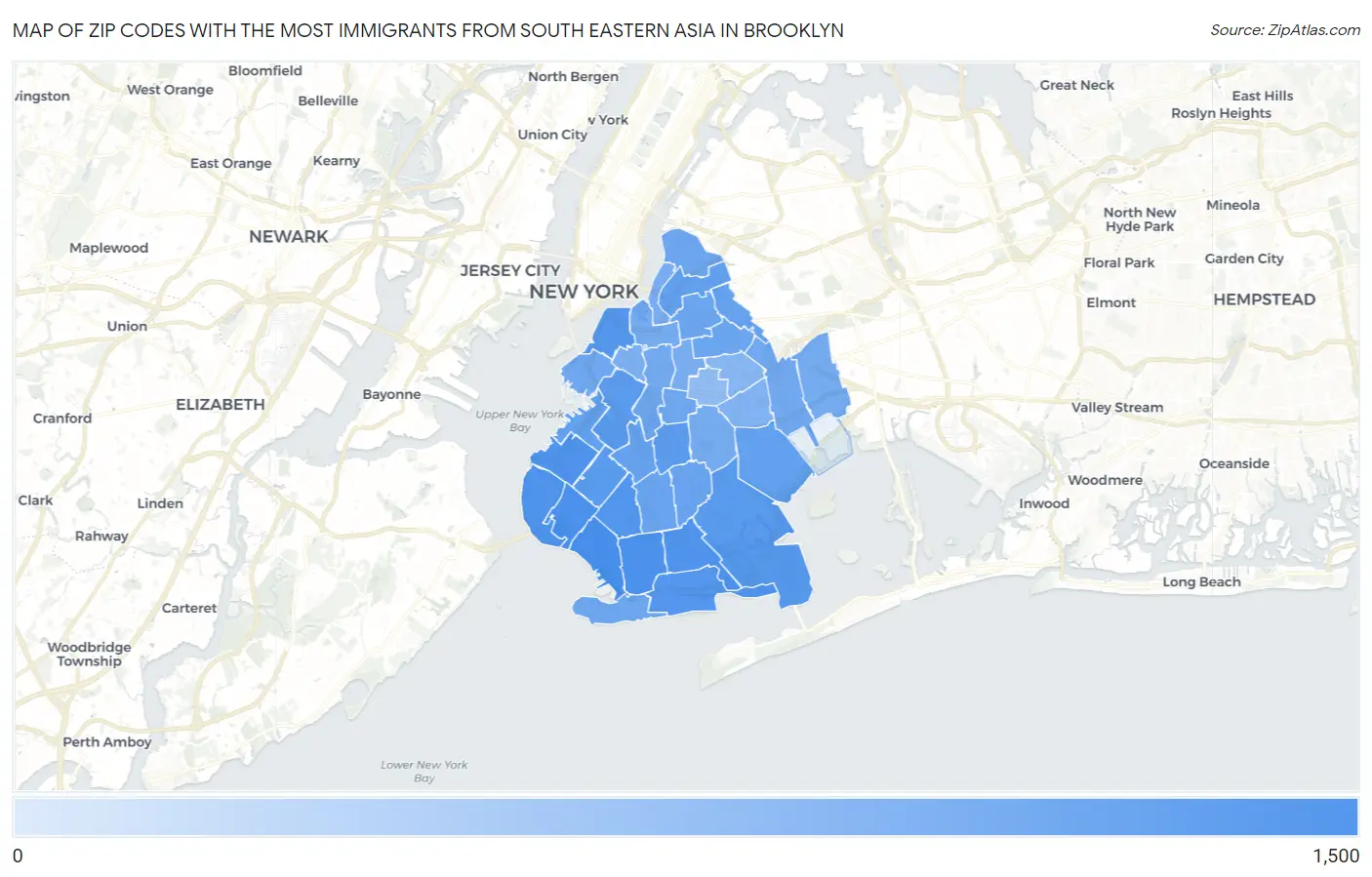Zip Codes with the Most Immigrants from South Eastern Asia in Brooklyn Map