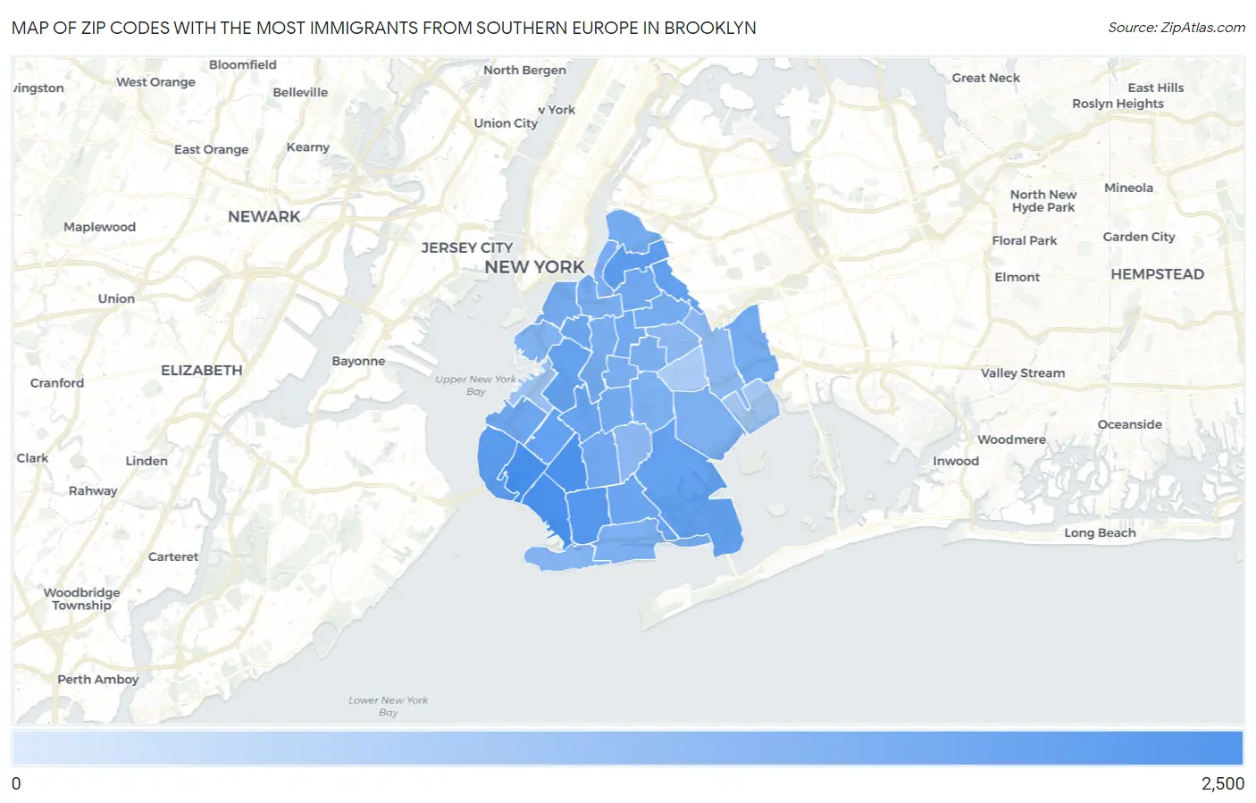 Zip Codes with the Most Immigrants from Southern Europe in Brooklyn Map
