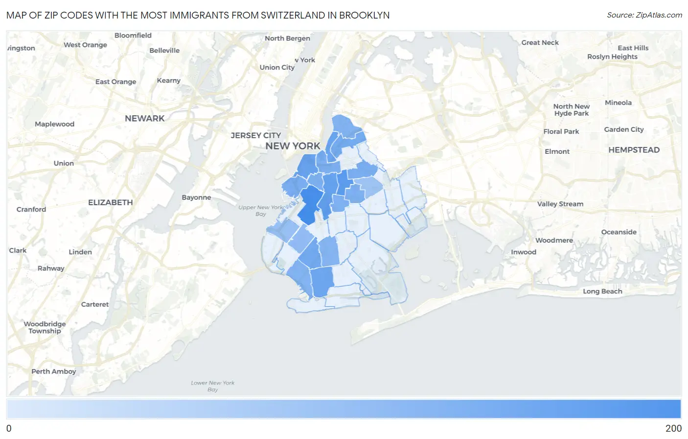 Zip Codes with the Most Immigrants from Switzerland in Brooklyn Map