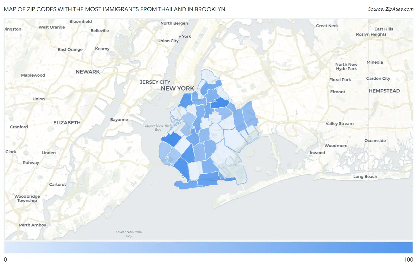 Zip Codes with the Most Immigrants from Thailand in Brooklyn Map