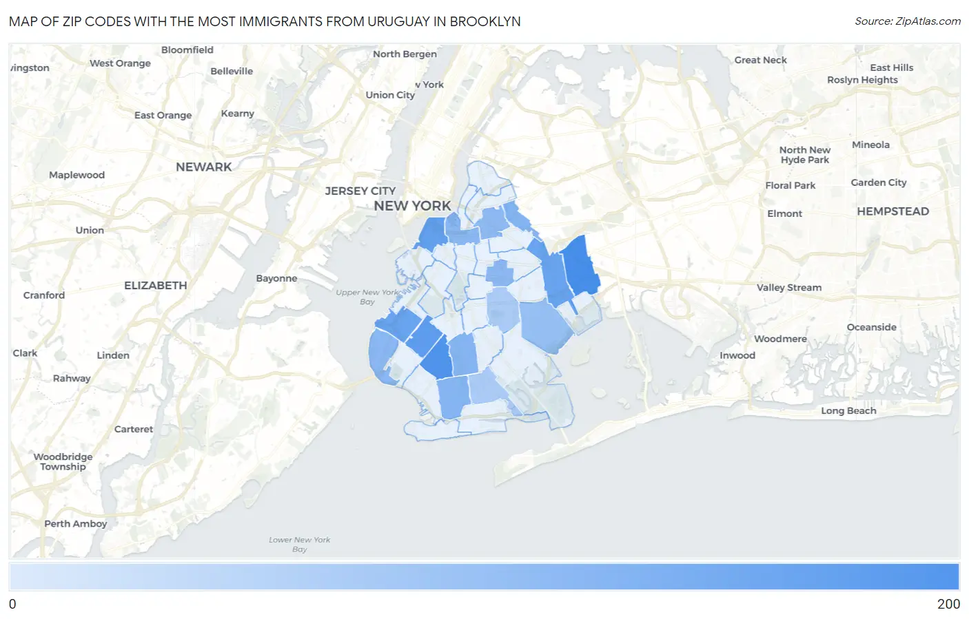 Zip Codes with the Most Immigrants from Uruguay in Brooklyn Map