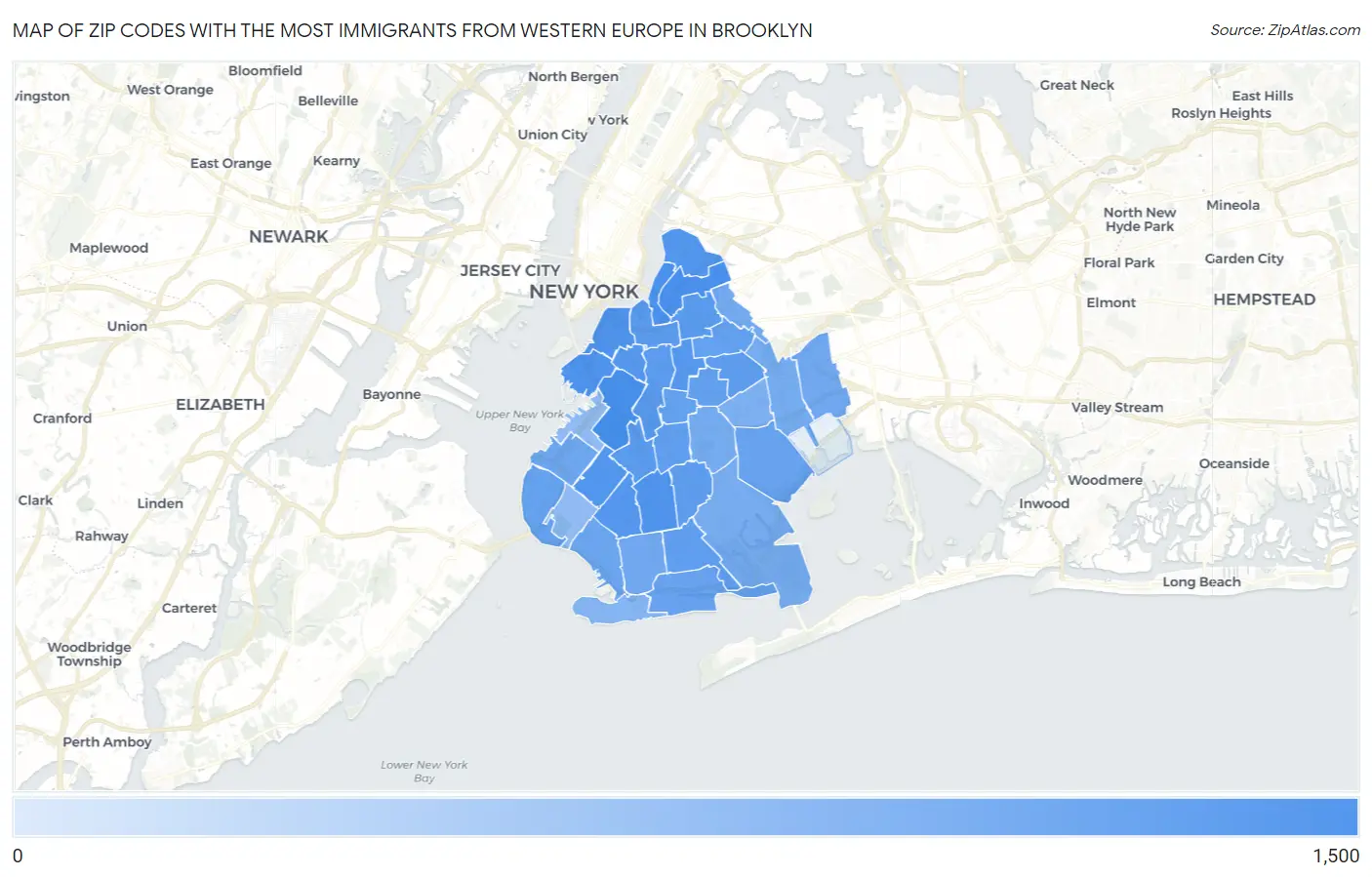 Zip Codes with the Most Immigrants from Western Europe in Brooklyn Map