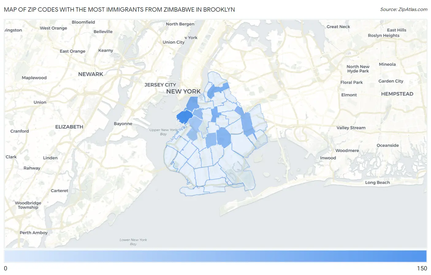 Zip Codes with the Most Immigrants from Zimbabwe in Brooklyn Map