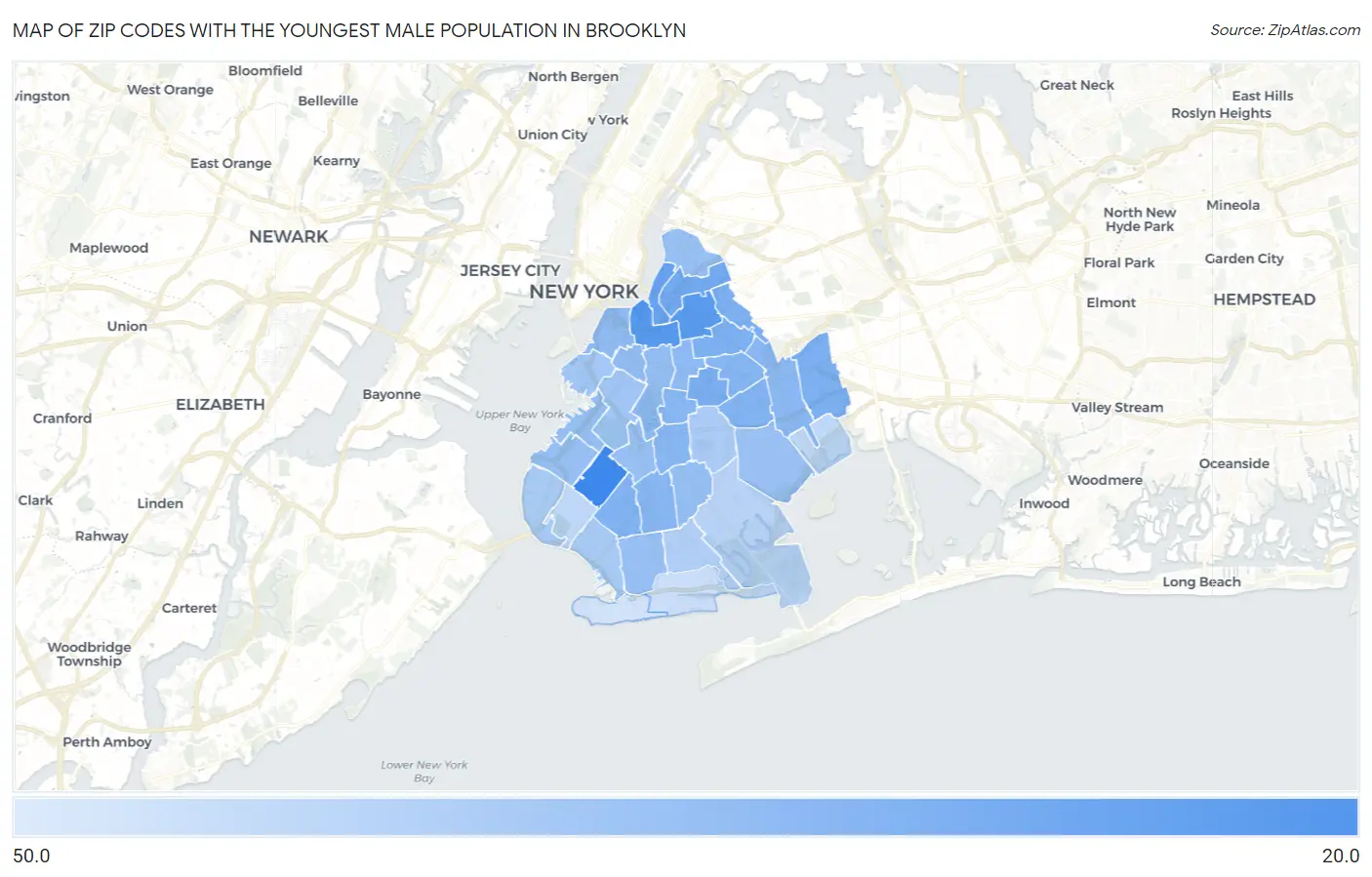 Zip Codes with the Youngest Male Population in Brooklyn Map