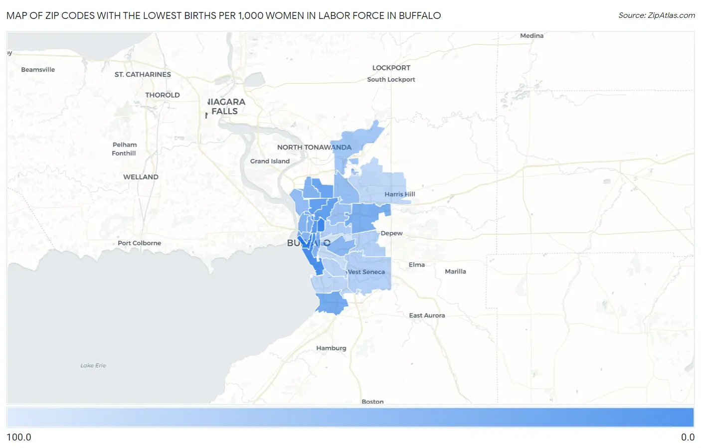 Zip Codes with the Lowest Births per 1,000 Women in Labor Force in Buffalo Map
