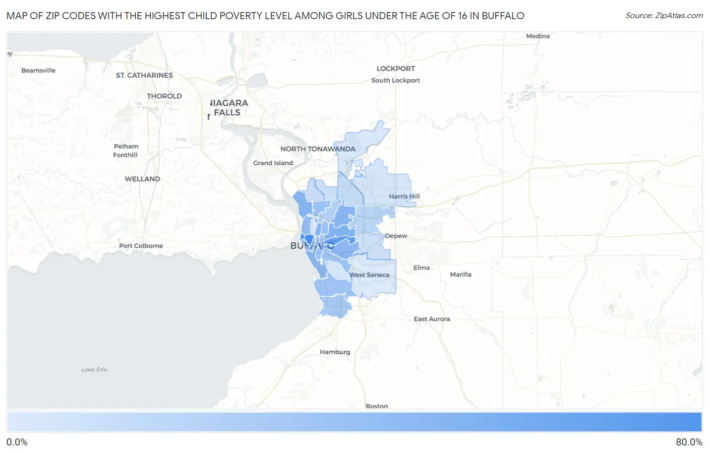 Zip Codes with the Highest Child Poverty Level Among Girls Under the Age of 16 in Buffalo Map