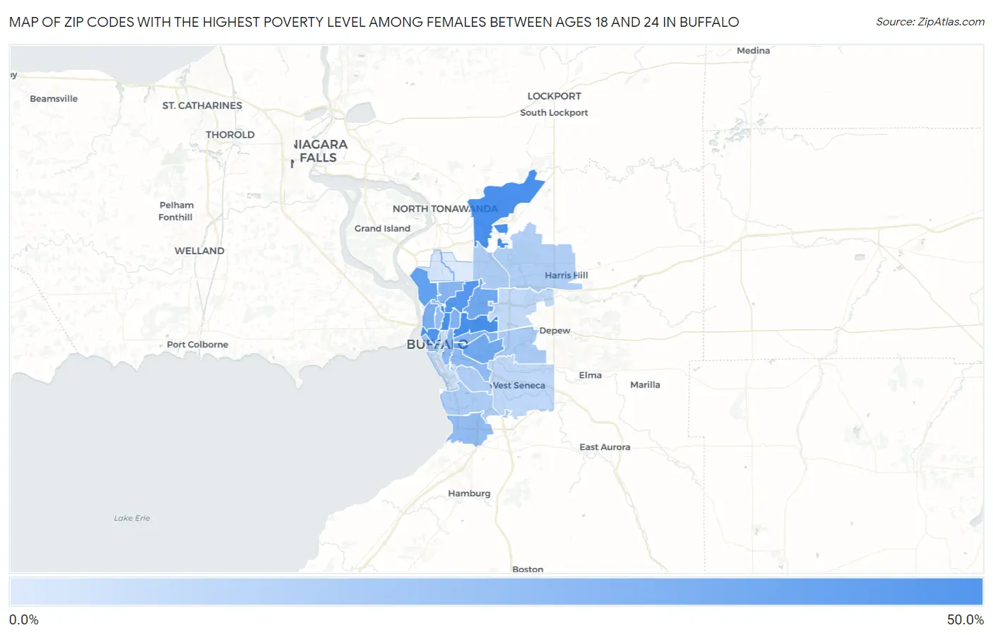 Zip Codes with the Highest Poverty Level Among Females Between Ages 18 and 24 in Buffalo Map