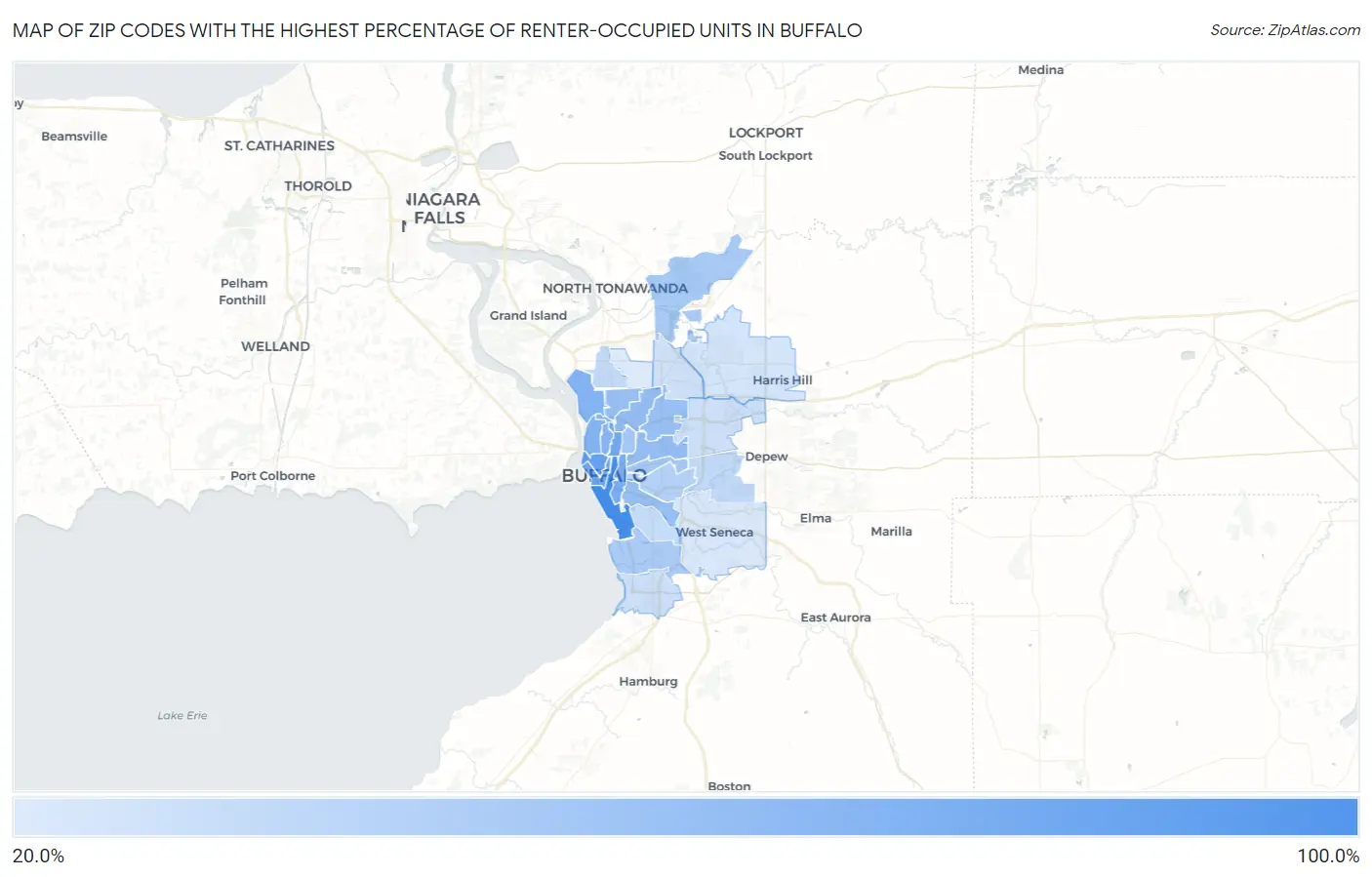 Zip Codes with the Highest Percentage of Renter-Occupied Units in Buffalo Map