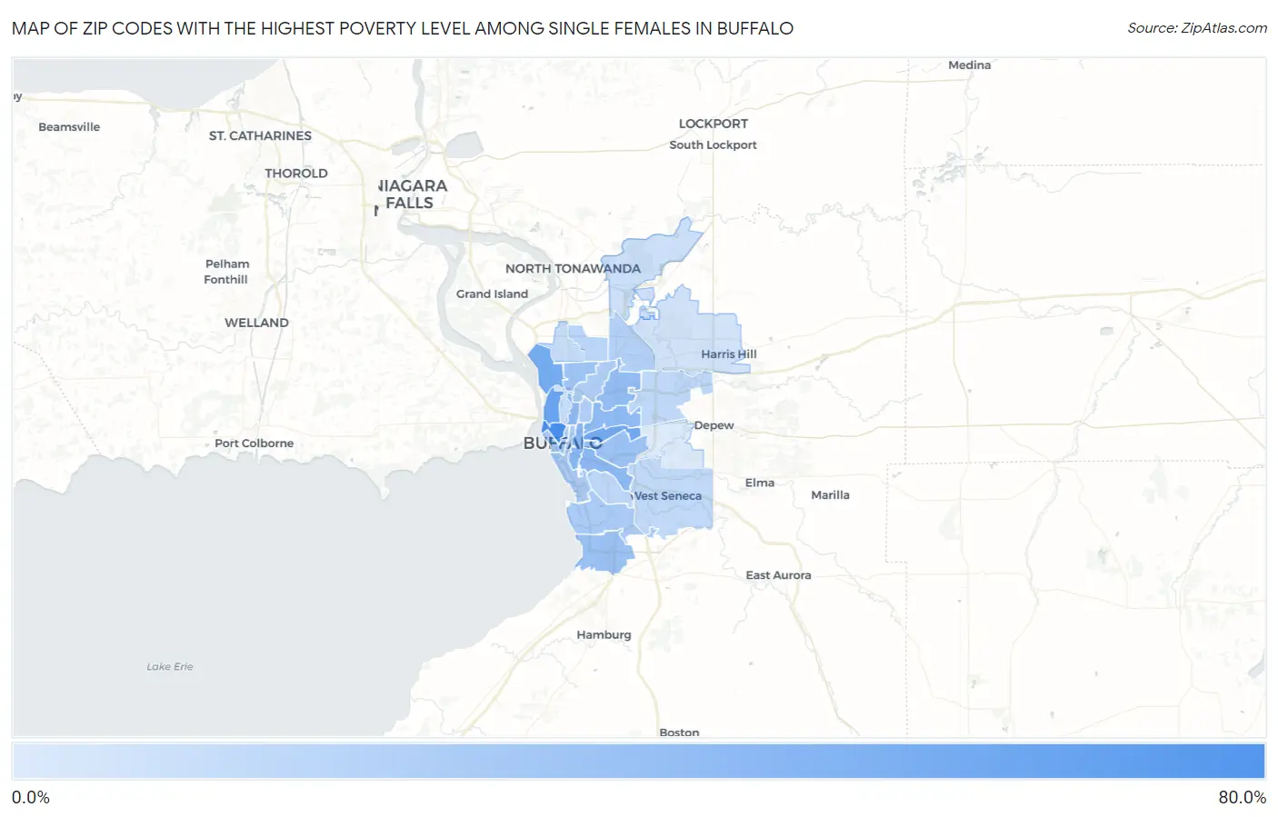 Zip Codes with the Highest Poverty Level Among Single Females in Buffalo Map