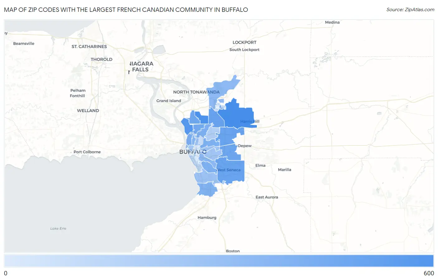 Zip Codes with the Largest French Canadian Community in Buffalo Map