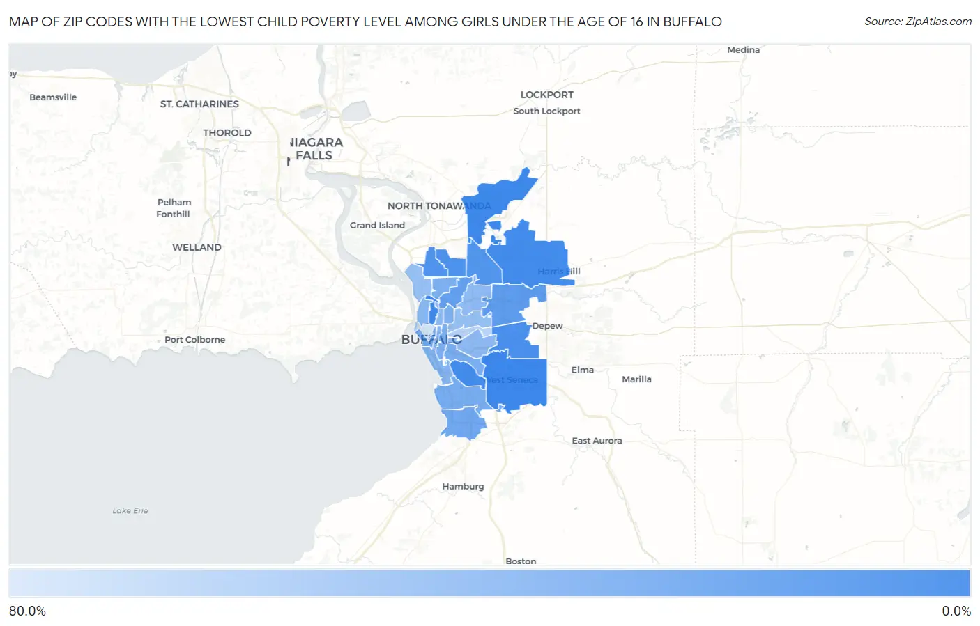 Zip Codes with the Lowest Child Poverty Level Among Girls Under the Age of 16 in Buffalo Map