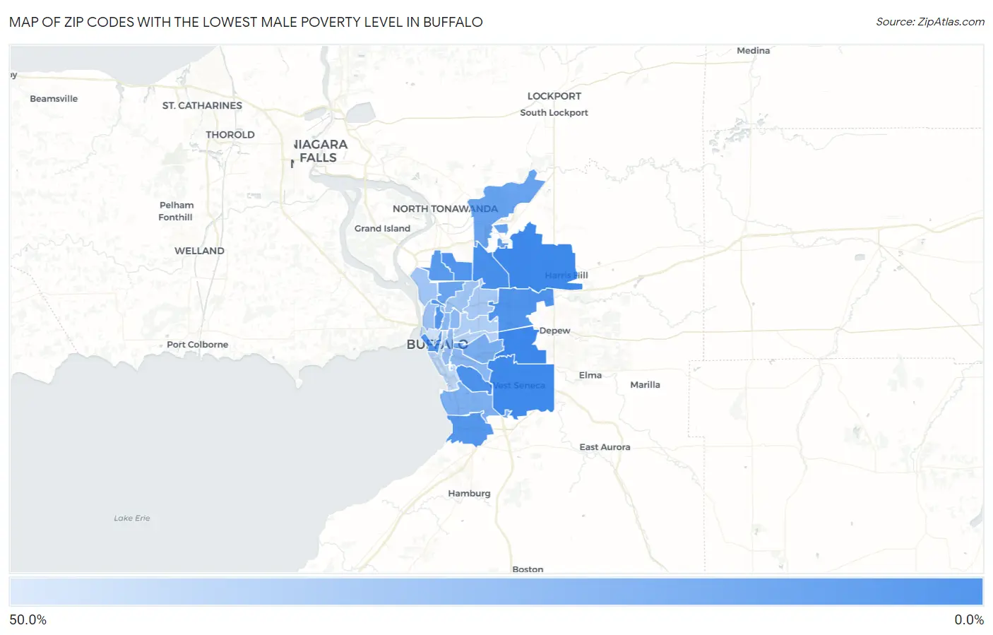 Zip Codes with the Lowest Male Poverty Level in Buffalo Map