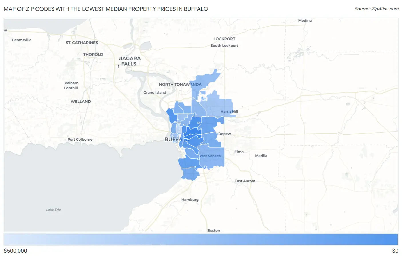 Zip Codes with the Lowest Median Property Prices in Buffalo Map