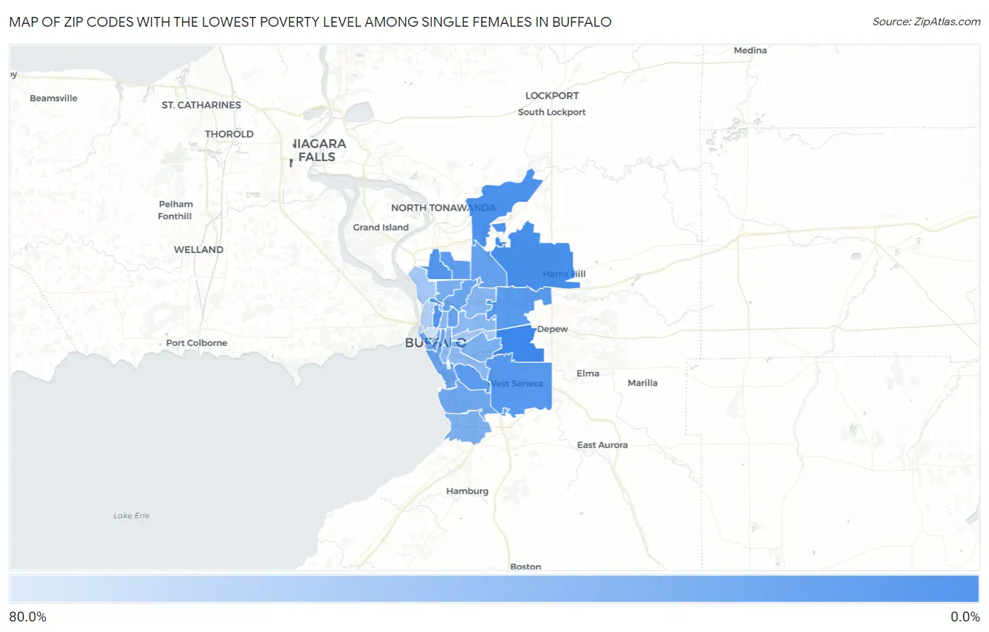 Zip Codes with the Lowest Poverty Level Among Single Females in Buffalo Map
