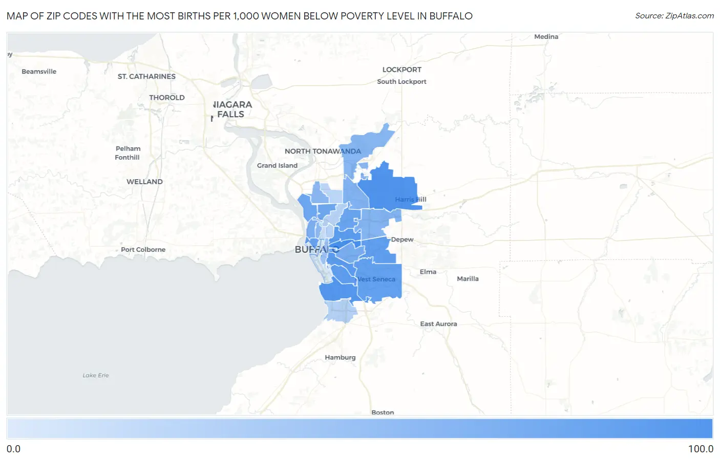 Zip Codes with the Most Births per 1,000 Women Below Poverty Level in Buffalo Map